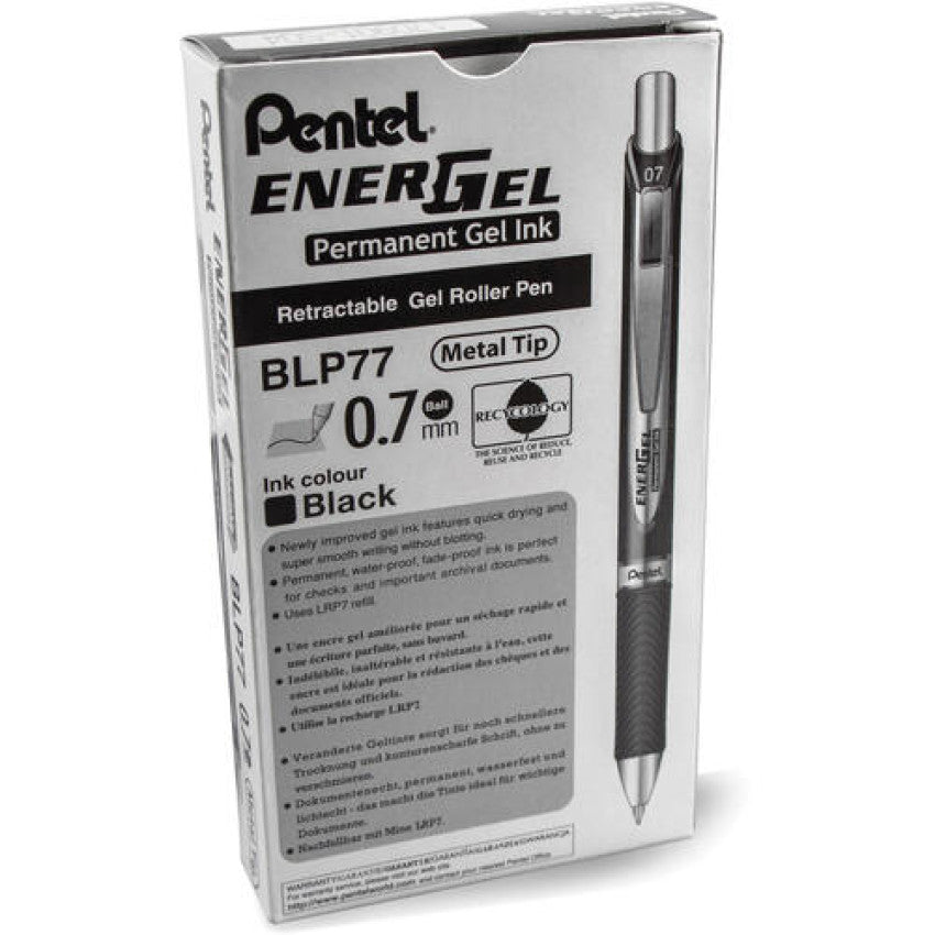 Pentel EnerGel PRO Permanent Ink Hybrid Gel Pen, Retractable, Medium 0.7 mm, Black Ink, Black Barrel (BLP77A)