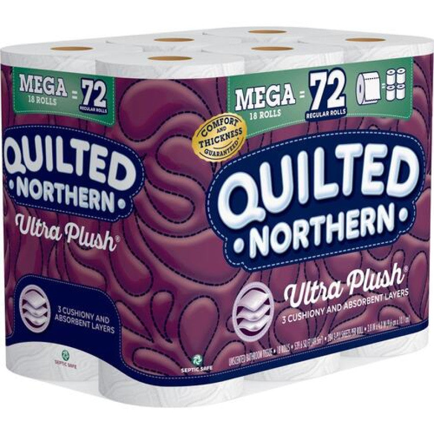 Quilted Northern Ultra Plush Bathroom Tissue, Mega Rolls, Septic Safe, 3-Ply, White, 284 Sheets/Roll, 18 Rolls/Carton (874685)