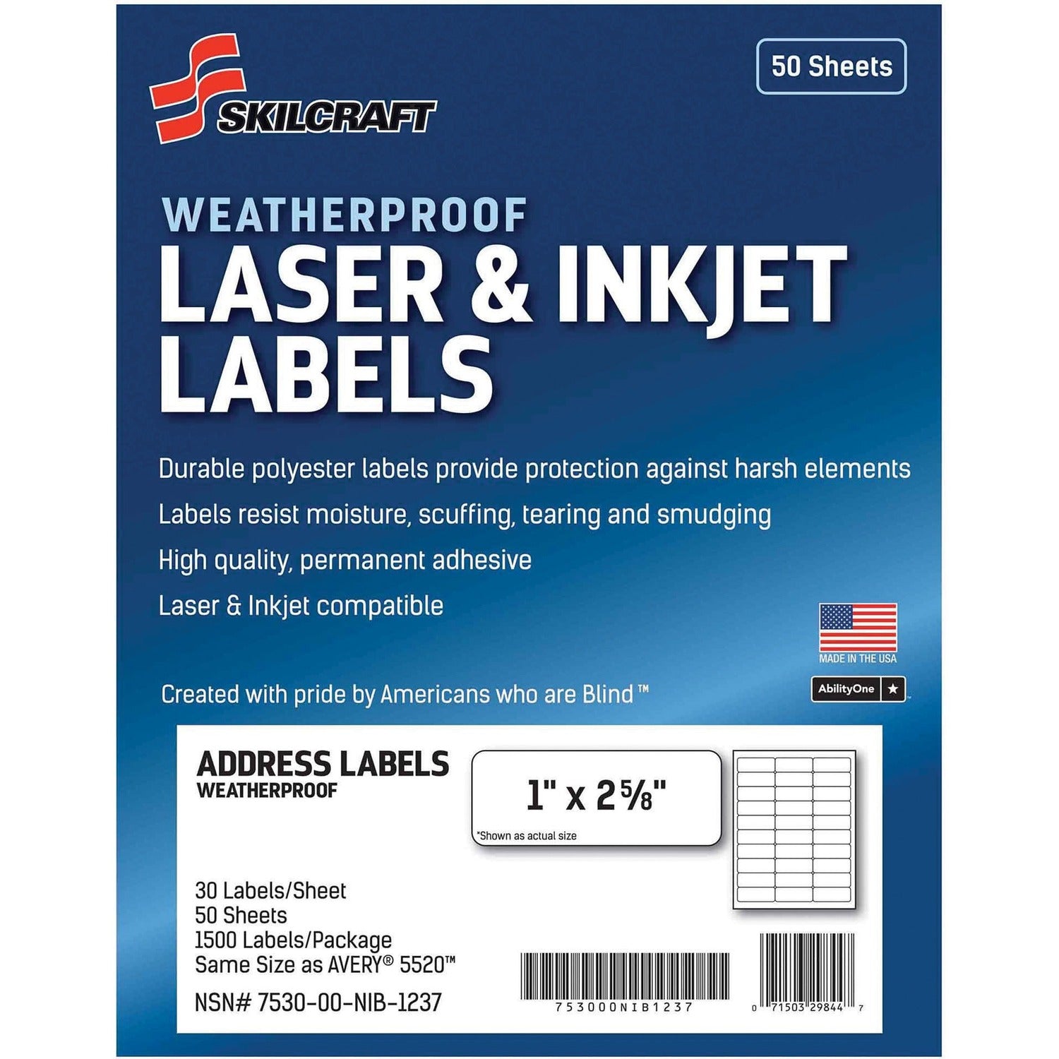 AbilityOne 7530016736516 SKILCRAFT Weatherproof Mailing Labels, Laser Printers, 1 x 2.63, White, 30/Sheet, 50 Sheets/Box