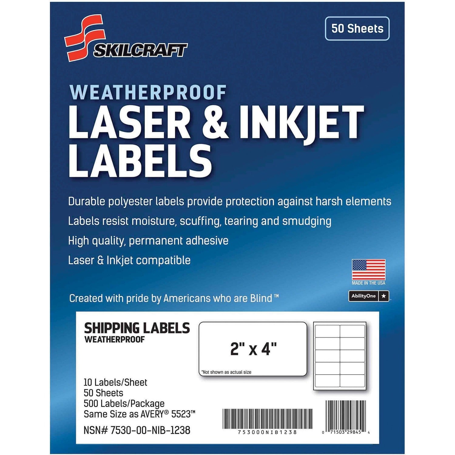 AbilityOne 7530016736220 SKILCRAFT Weatherproof Mailing Labels, Laser Printers, 2 x 4, White, 10/Sheet, 50 Sheets/Pack