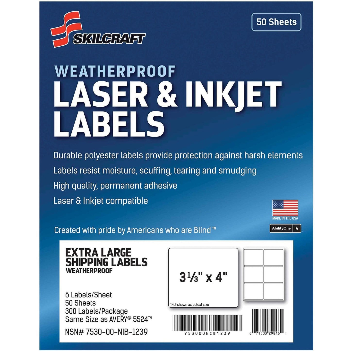 AbilityOne 7530016736217 SKILCRAFT Weatherproof Mailing Labels, Inkjet/Laser Printers, 3.33 x 4, White, 6/Sheet, 50 Sheets/Pack