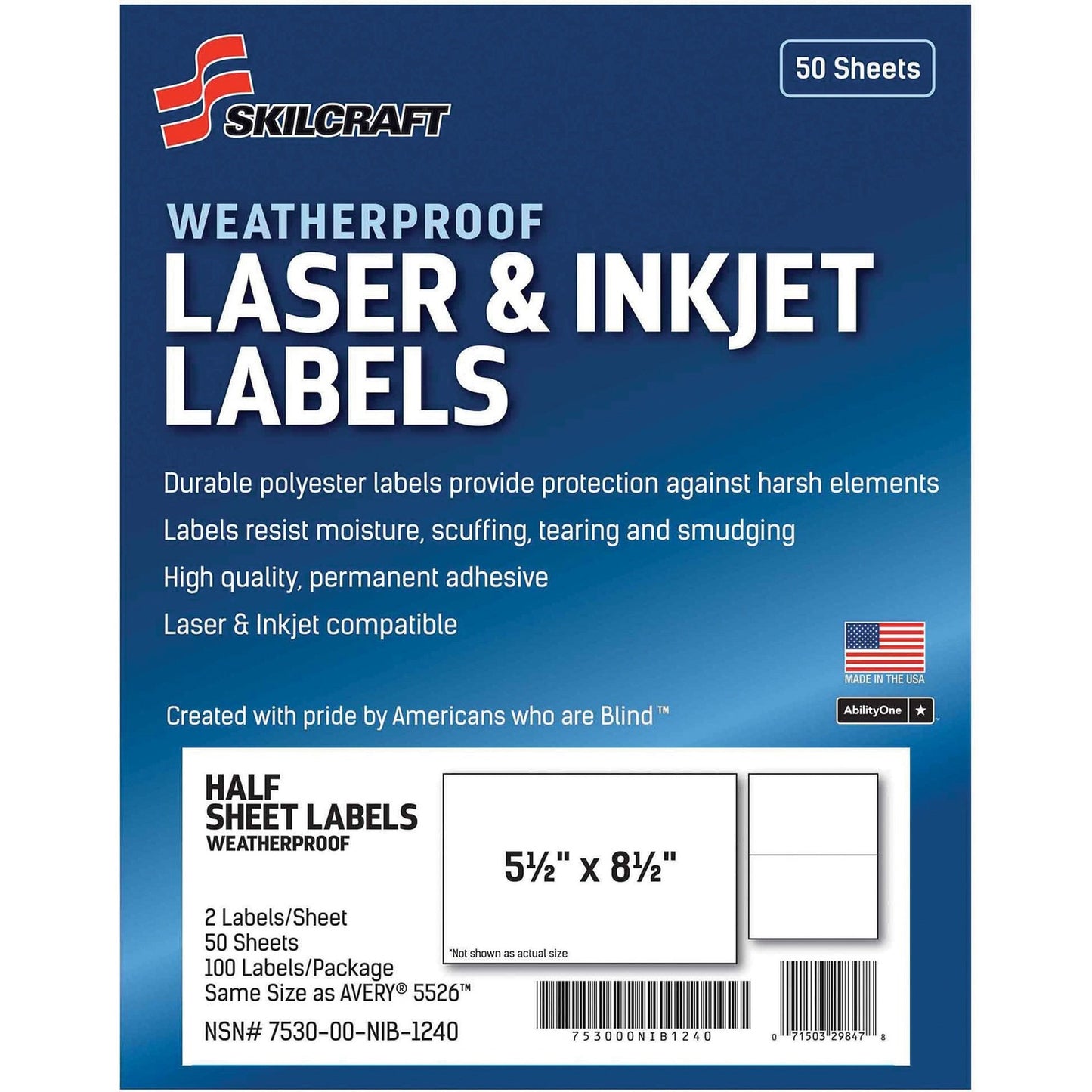 AbilityOne 7530016736219 SKILCRAFT Weatherproof Mailing Labels, Laser Printers, 5.5 x 8.5, White, 2/Sheet, 50 Sheets/Pack