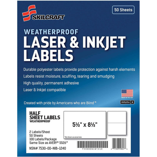 AbilityOne 7530016736219 SKILCRAFT Weatherproof Mailing Labels, Laser Printers, 5.5 x 8.5, White, 2/Sheet, 50 Sheets/Pack