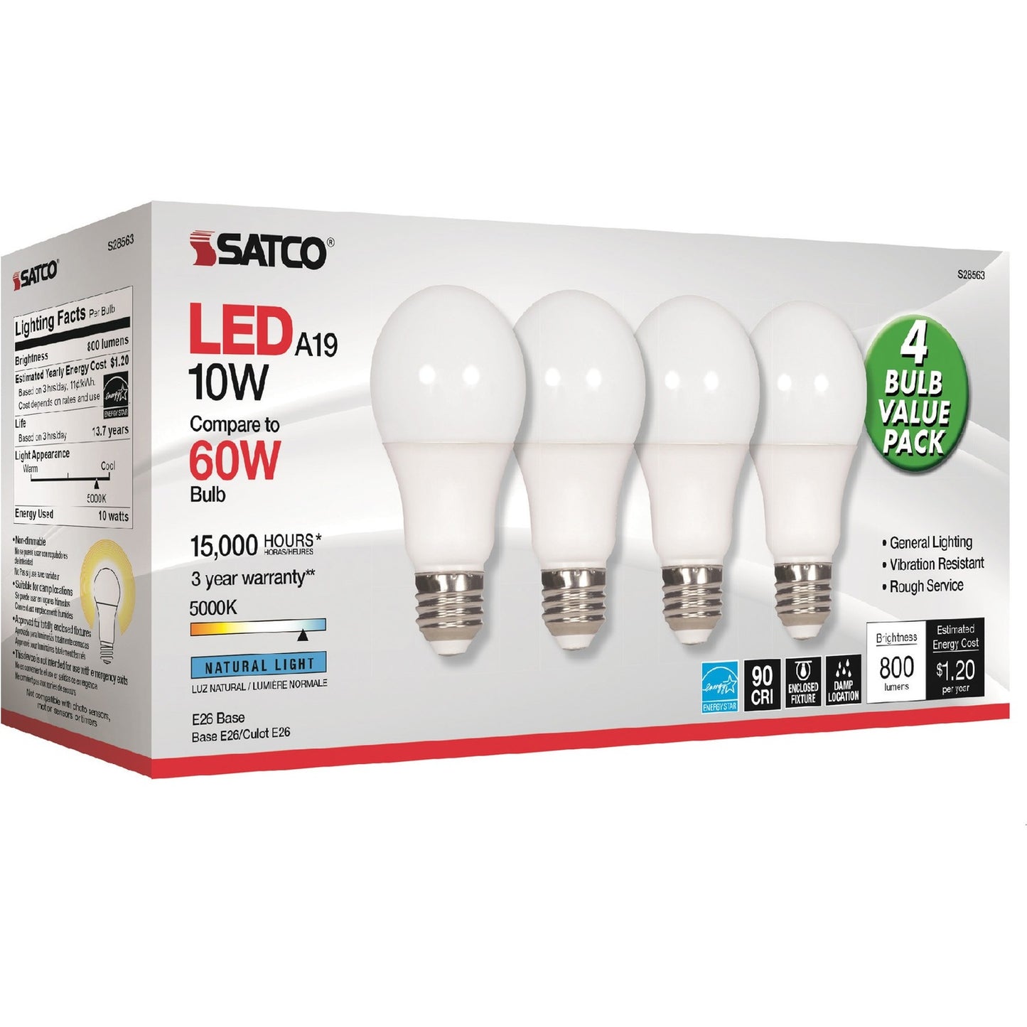 Satco 10W A19 LED 5000K Light Bulbs (S28563)