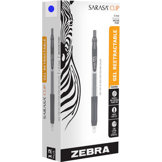 Zebra Sarasa Clip Gel Pen, Retractable, Medium 0.7 mm, Blue Ink, Clear/Blue Barrel, 12/Pack (48720)