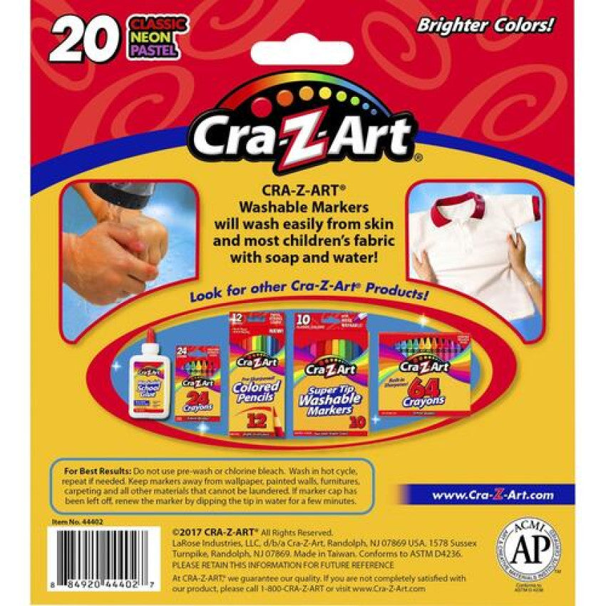 Cra-Z-Art Washable Markers, Broad Bullet Tip, Assorted Classic/Neon/Pastel Colors, 20/Set (44402WM20)