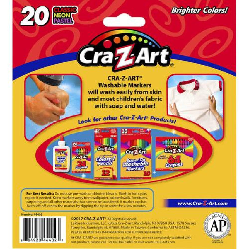 Cra-Z-Art Washable Markers, Broad Bullet Tip, Assorted Classic/Neon/Pastel Colors, 20/Set (44402WM20)