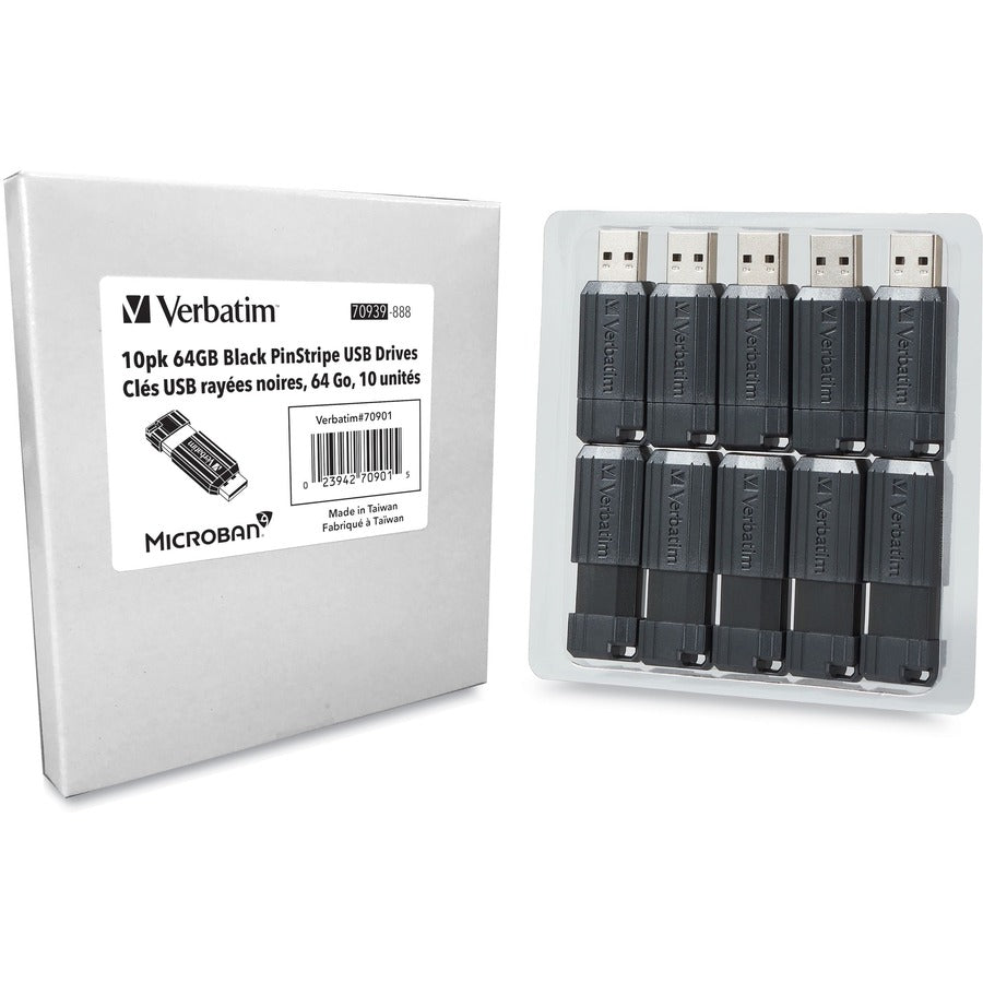 Microban 64GB PinStripe USB Flash Drive - Business 10pk - Black (70901)