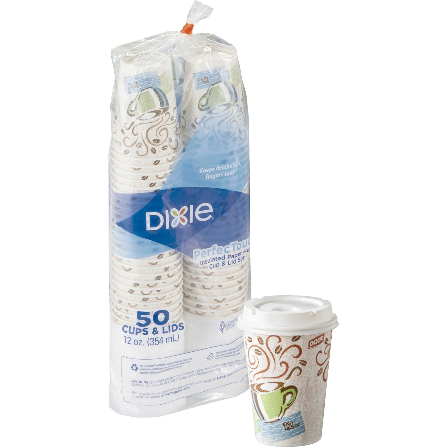 Dixie PerfecTouch 12 oz Hot Coffee Cup and Lid Sets by GP Pro (5342COMBO6)