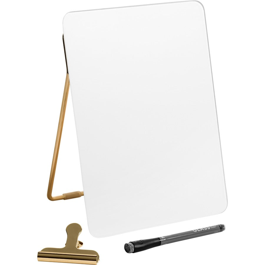 U Brands Glass Dry-Erase Desktop Easel, Tempered Glass, Gold Metal Stand, Removable Clip (4974A0106)