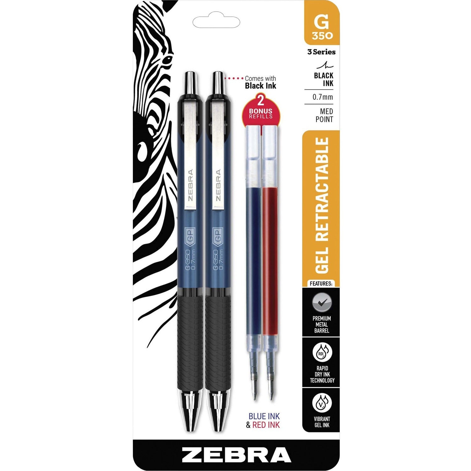 Zebra Pen STEEL 3 Series G-350 Retractable Gel Pen (40212)