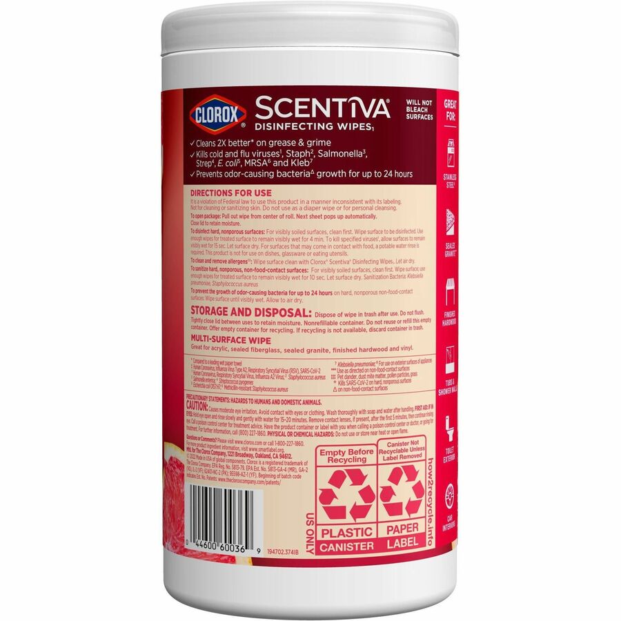 Clorox Scentiva Wipes, Bleach Free Cleaning Wipes (60036)