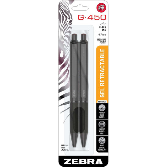 Zebra Pen G-450 Gel Retractable 0.7mm Black 2Pk (49512)