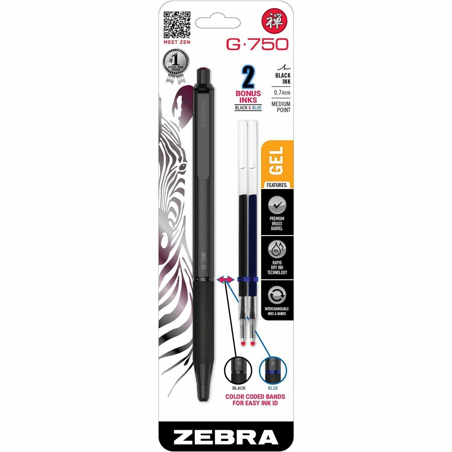 Zebra Pen G-750 Gel Retractable 0.7mm Black 1Pk (49811)