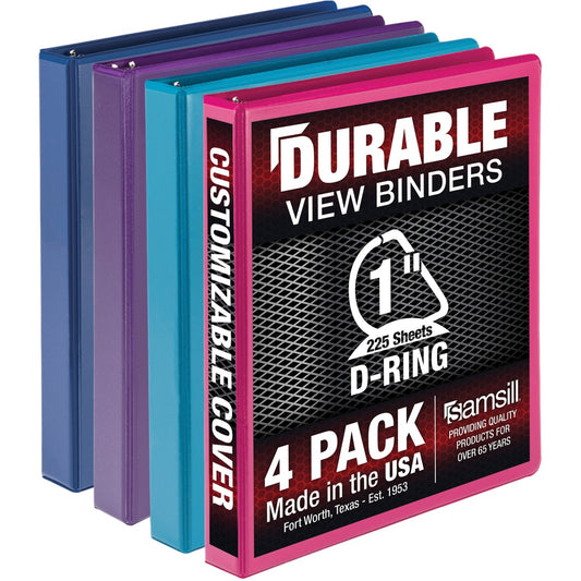 Samsill Durable 1 Inch Binder, Made in the USA, D Ring Customizable Clear View Cover, Fashion Assortment, 4 Pack, Each holds 225 Pages (MP46439)