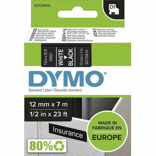 Dymo S0720610 D1 45021 Tape 12mm x 7m White on Black