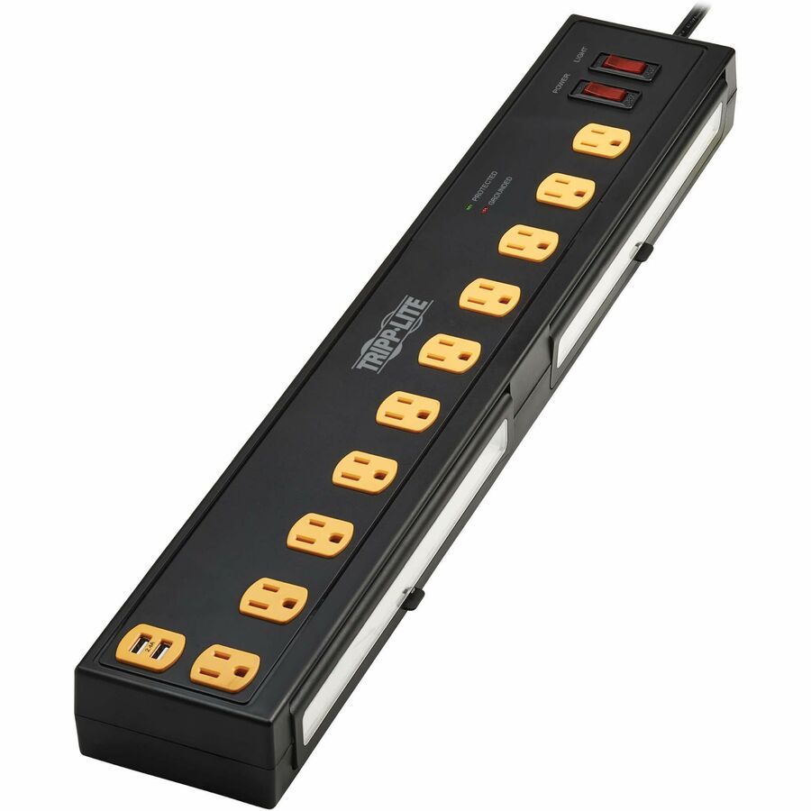 Tripp Lite by Eaton Protect It! 10-Outlet Surge Protector with Swivel Light Bars - 5-15R Outlets, 2 USB Ports, 6 ft. (1.8 m) Cord, 1350 Joules, Black (TLP1006USB)