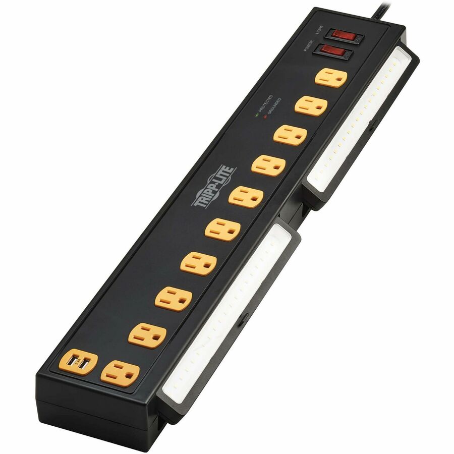 Tripp Lite by Eaton Protect It! 10-Outlet Surge Protector with Swivel Light Bars - 5-15R Outlets, 2 USB Ports, 6 ft. (1.8 m) Cord, 1350 Joules, Black (TLP1006USB)