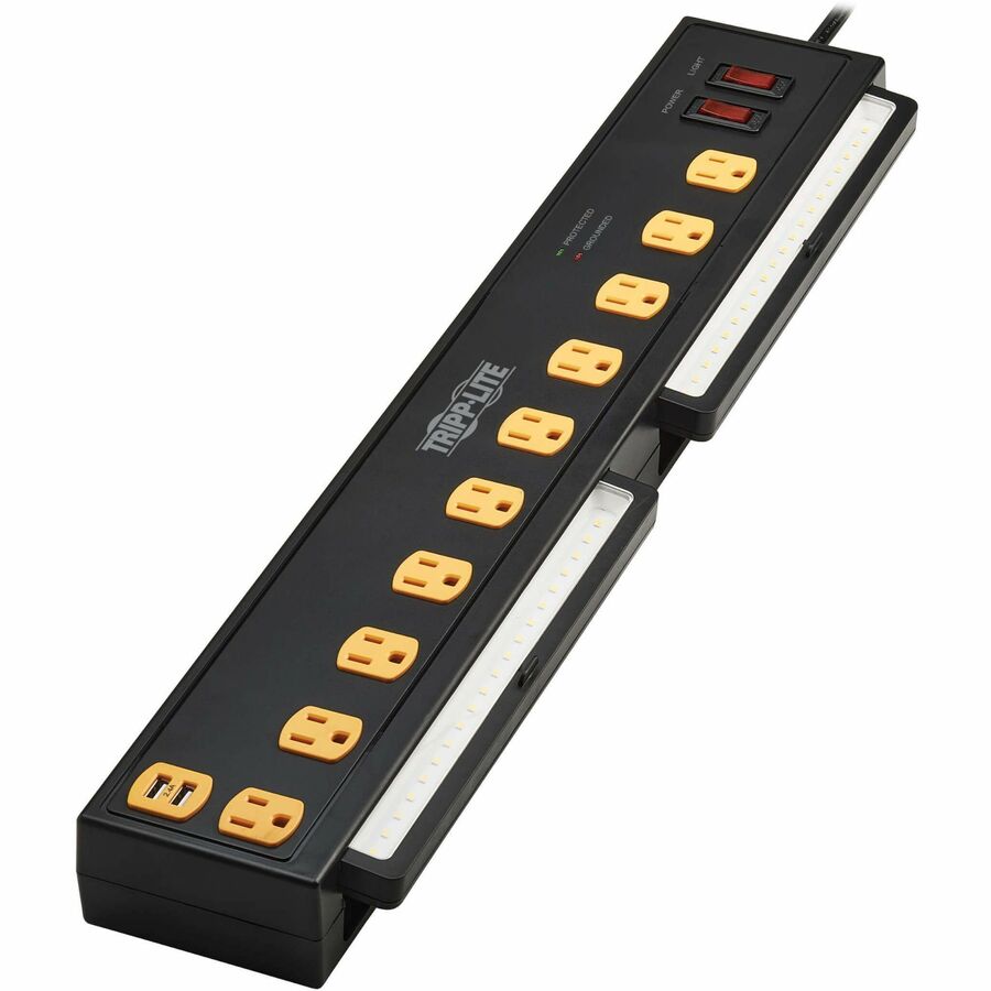 Tripp Lite by Eaton Protect It! 10-Outlet Surge Protector with Swivel Light Bars - 5-15R Outlets, 2 USB Ports, 6 ft. (1.8 m) Cord, 1350 Joules, Black (TLP1006USB)