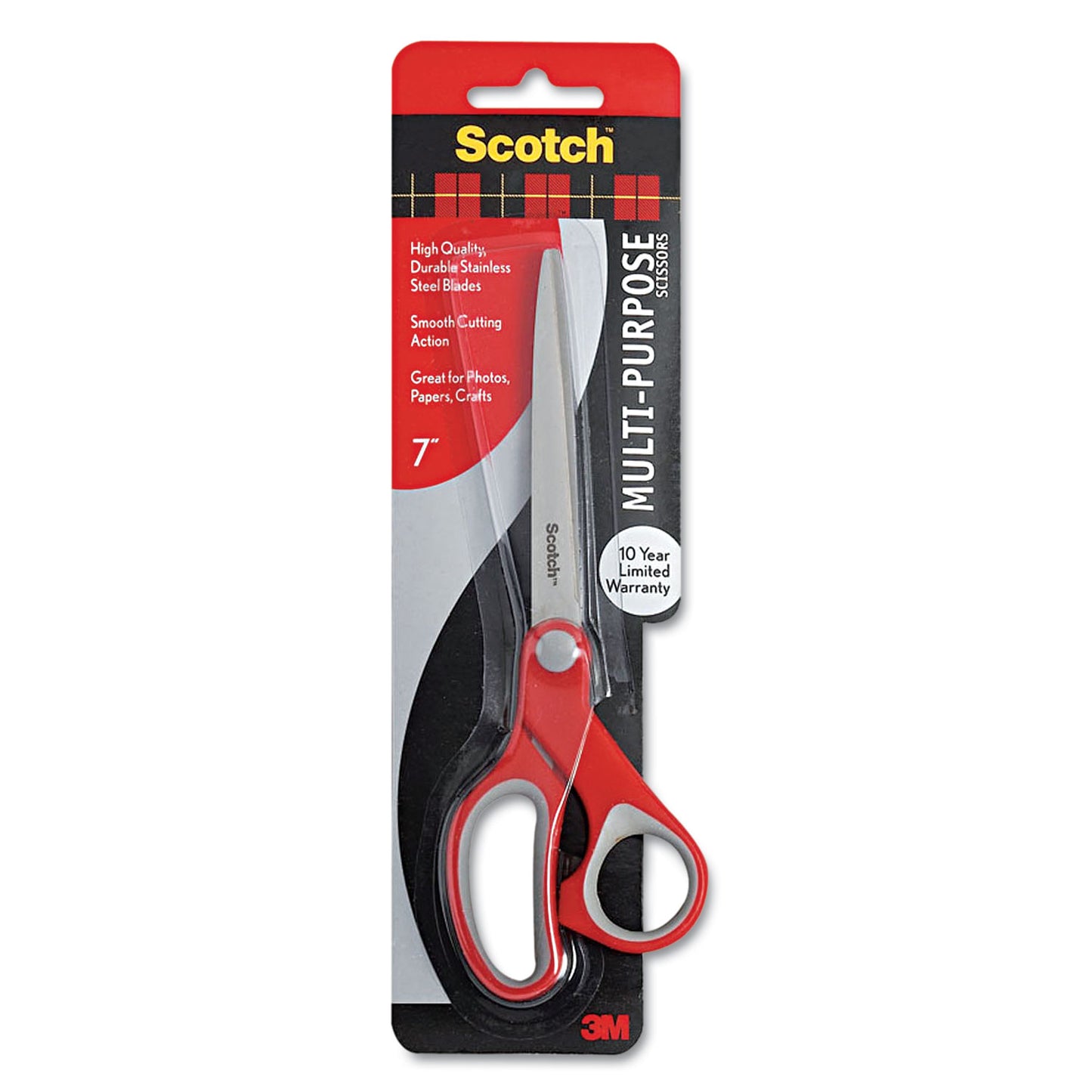 Scotch Multi-Purpose Scissors, 7" Long, 3.38" Cut Length, Straight Gray/Red Handle (1427)