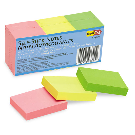 Redi-Tag Self-Stick Notes, 1.5" x 2", Assorted Neon Colors, 100 Sheets/Pad, 12 Pads/Pack (23701)