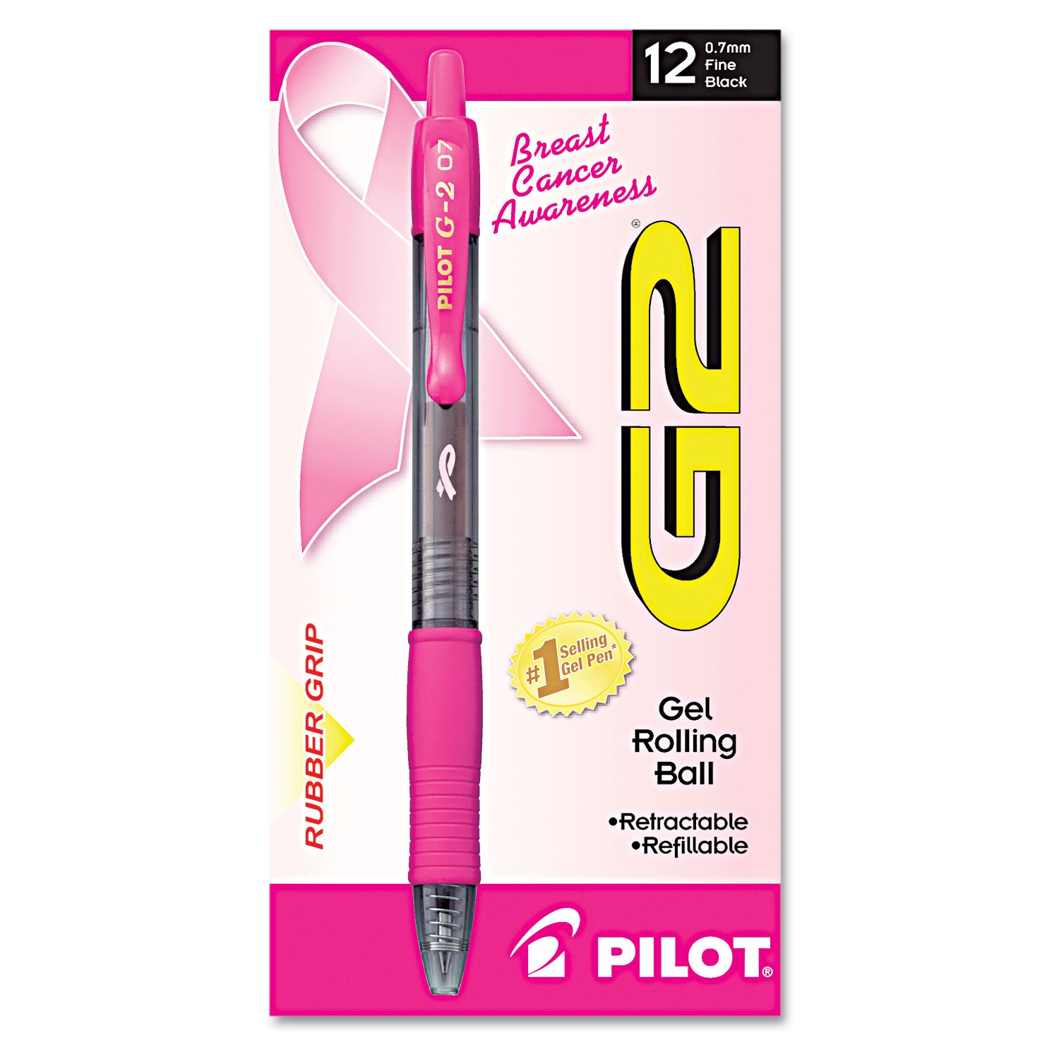 Pilot G2 Premium Breast Cancer Awareness Gel Pen, Retractable, Fine 0.7 mm, Black Ink, Smoke/Pink Barrel, Dozen (31332)