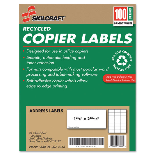 AbilityOne 7530012074363, SKILCRAFT Recycled Copier Labels, Copiers, 1.38 x 2.81, White, 24/Sheet, 100 Sheets/Box