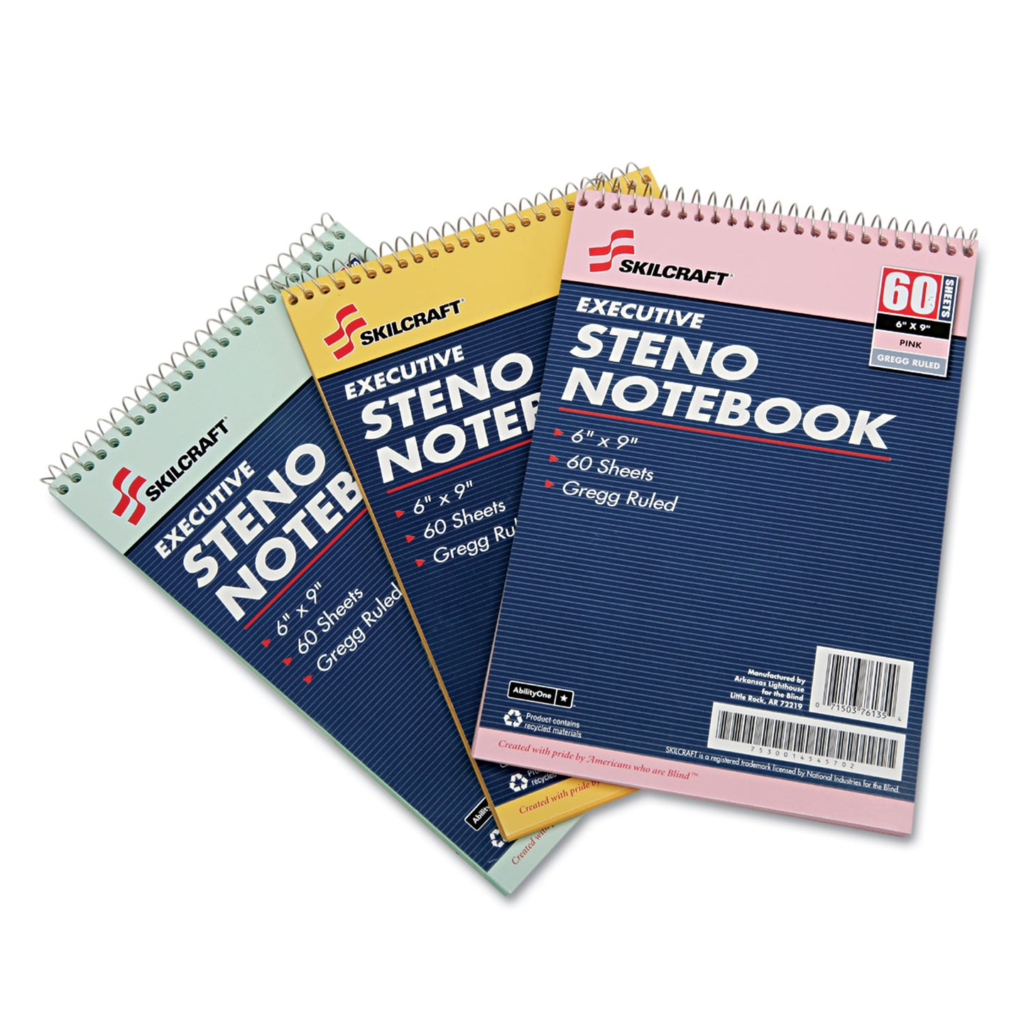 AbilityOne 7530014545702, SKILCRAFT Steno Pad, Gregg Rule, Assorted Cover Colors, 60 Assorted 6 x 9 Sheets, 3/Pack