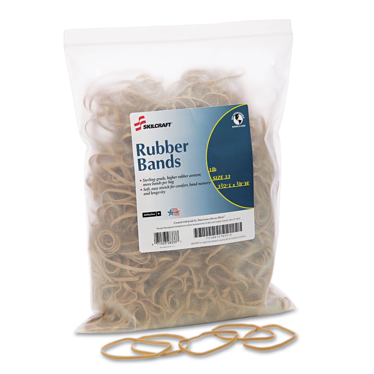 AbilityOne 7510015783513, SKILCRAFT Rubber Bands, Size 33, 0.03" Gauge, Beige, 1 lb Box, 850/Pack