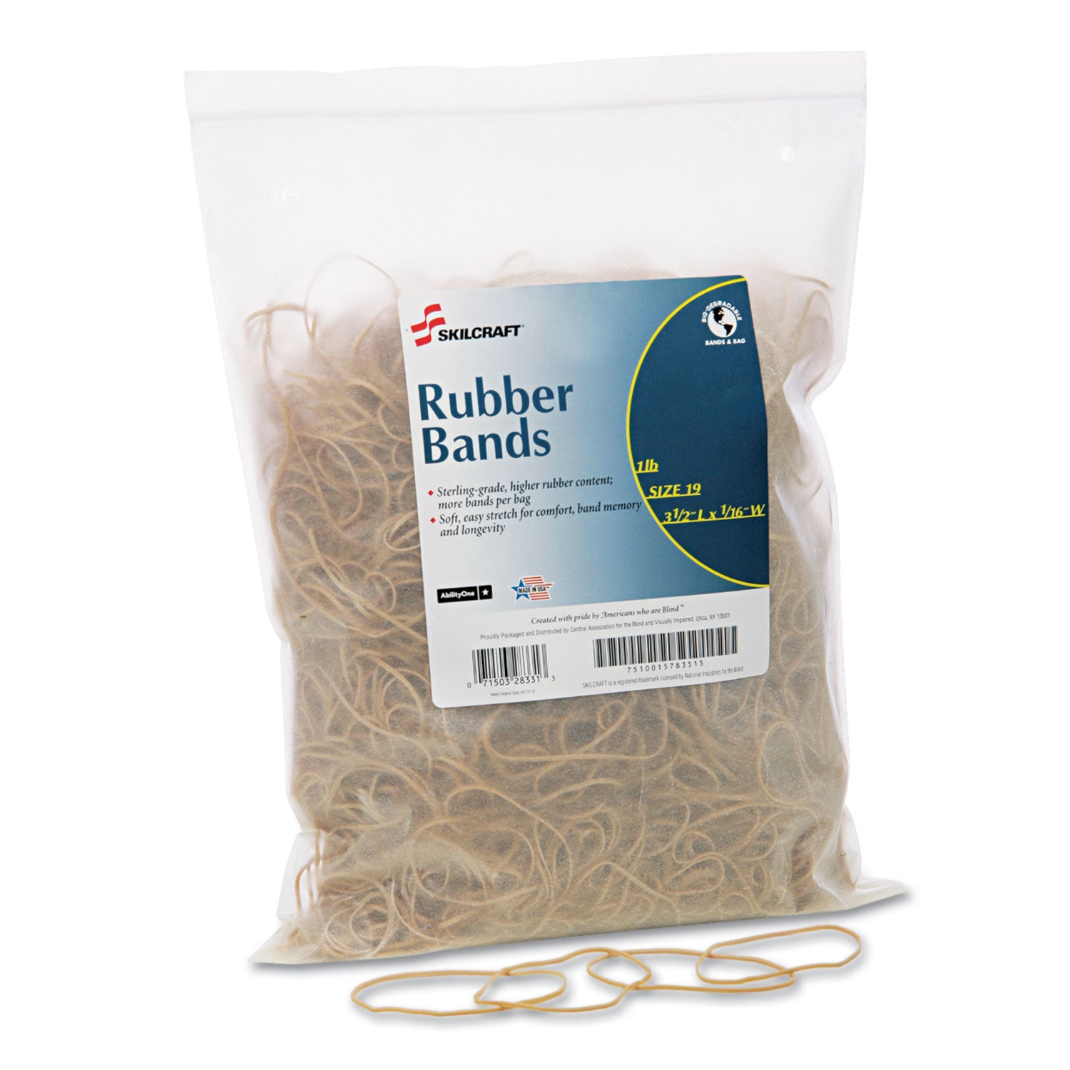 AbilityOne 7510015783515, SKILCRAFT Rubber Bands, Size 19, 0.03" Gauge, Beige, 1 lb Box, 1,700/Pack