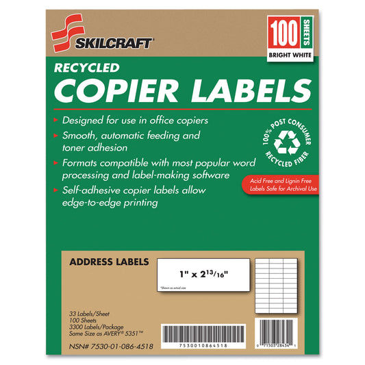 AbilityOne 7530010864518, SKILCRAFT Recycled Copier Labels, Copiers, 1 x 2.81, White, 33/Sheet, 100 Sheets/Box