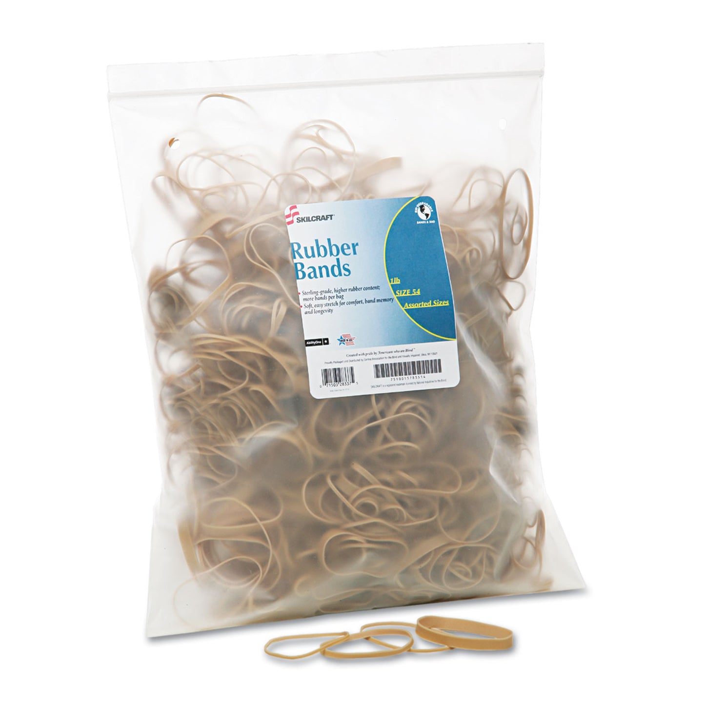 AbilityOne 7510015783514, SKILCRAFT Rubber Bands, Size 54 (Assorted), Assorted Gauges, Beige, 1 lb Box, 1,900/Pack