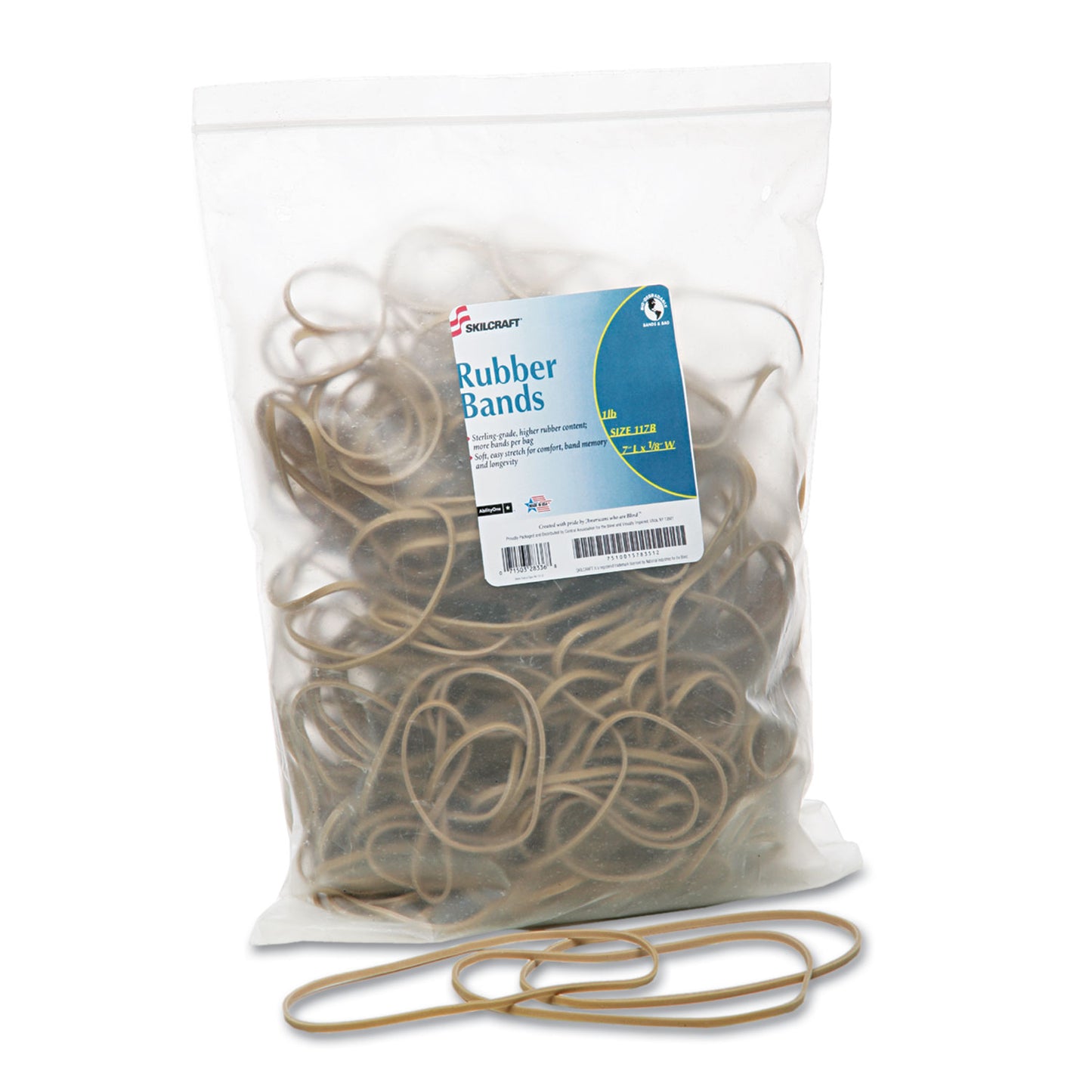 AbilityOne 7510015783512, SKILCRAFT Rubber Bands, Size 117B, 0.06" Gauge, Beige, 1 lb Box, 250/Pack