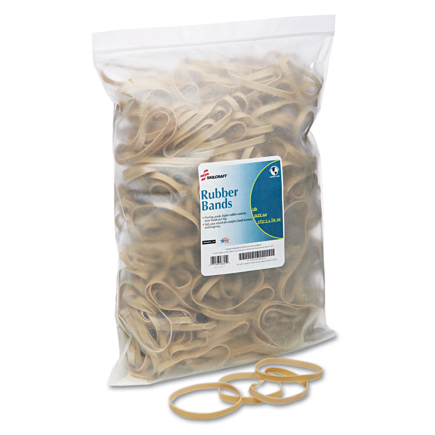 AbilityOne 7510010589974, SKILCRAFT Rubber Bands, Size 64, 0.03" Gauge, Beige, 1 lb Box, 400/Pack