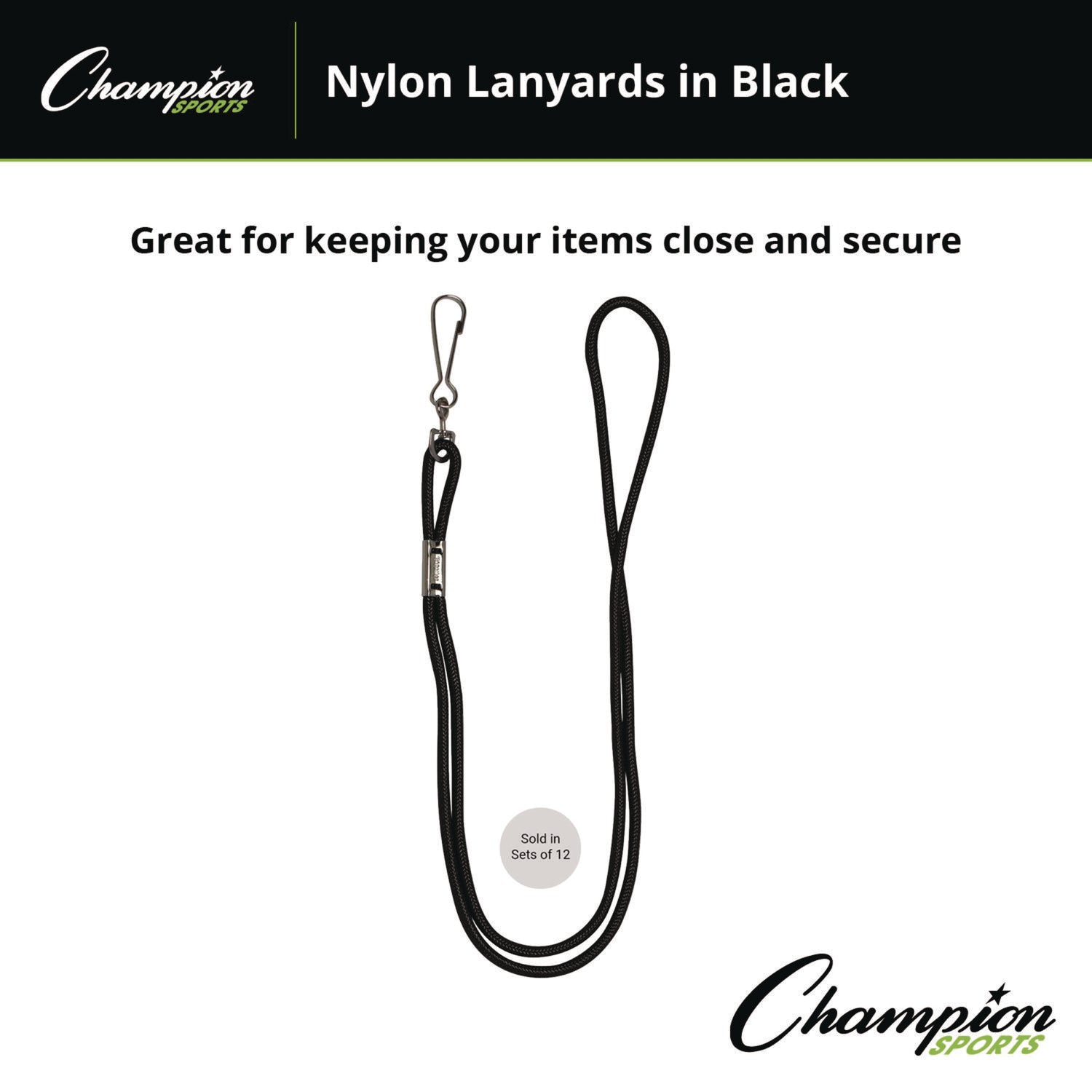 Champion Sports Lanyard, Metal J-Hook Fastener, 20" Long, Black, 12/Pack (126BLK)