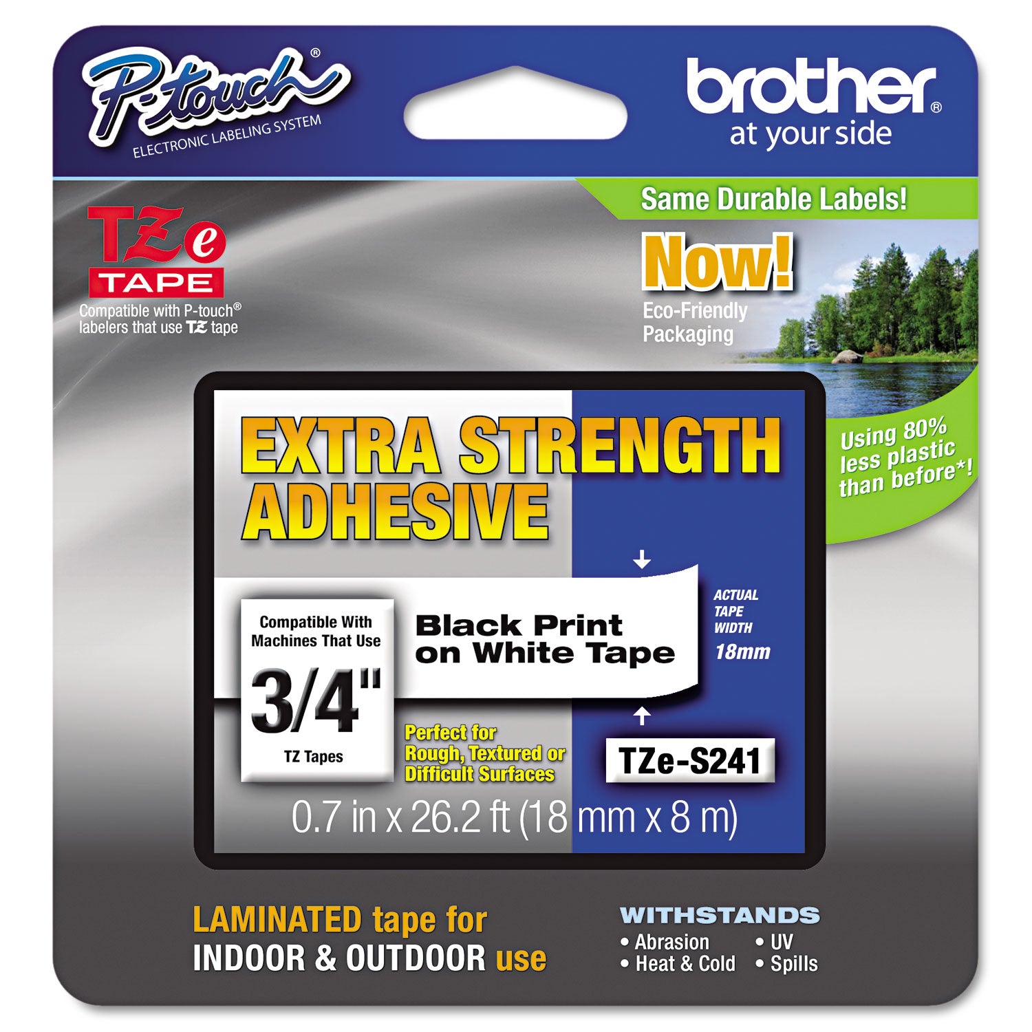 Brother TZe Extra-Strength Adhesive Laminated Labeling Tape, 0.7" x 26.2 ft, Black on White (TZES241)