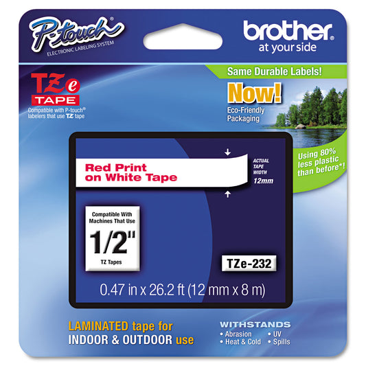 Brother TZe Standard Adhesive Laminated Labeling Tape, 0.47" x 26.2 ft, Red on White (TZE232)