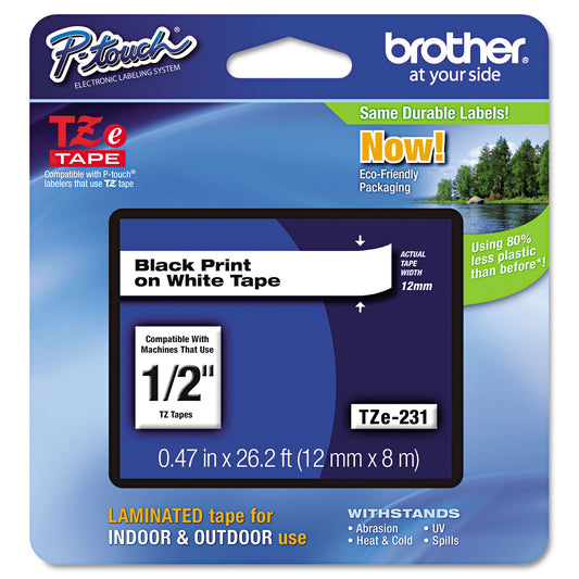 Brother TZe Standard Adhesive Laminated Labeling Tape, 0.47" x 26.2 ft, Black on White (TZE231)