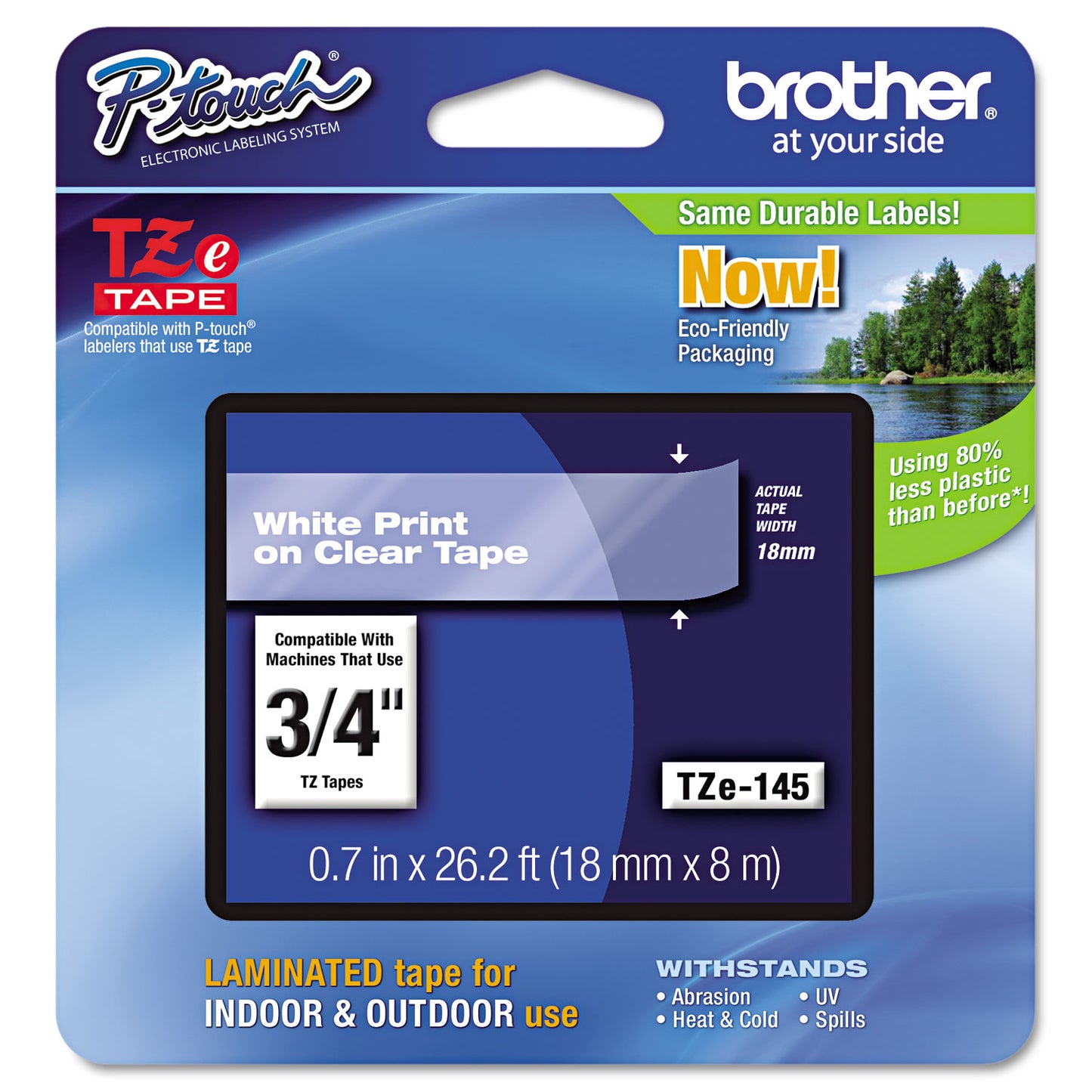 Brother TZe Standard Adhesive Laminated Labeling Tape, 0.7" x 26.2 ft, White on Clear (TZE145)