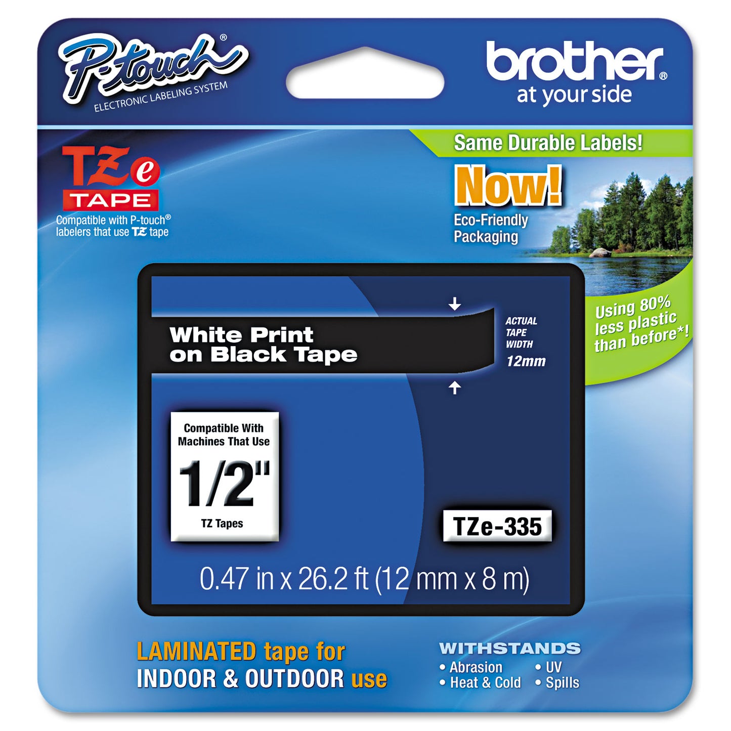 Brother TZe Standard Adhesive Laminated Labeling Tape, 0.47" x 26.2 ft, White on Black (TZE335)