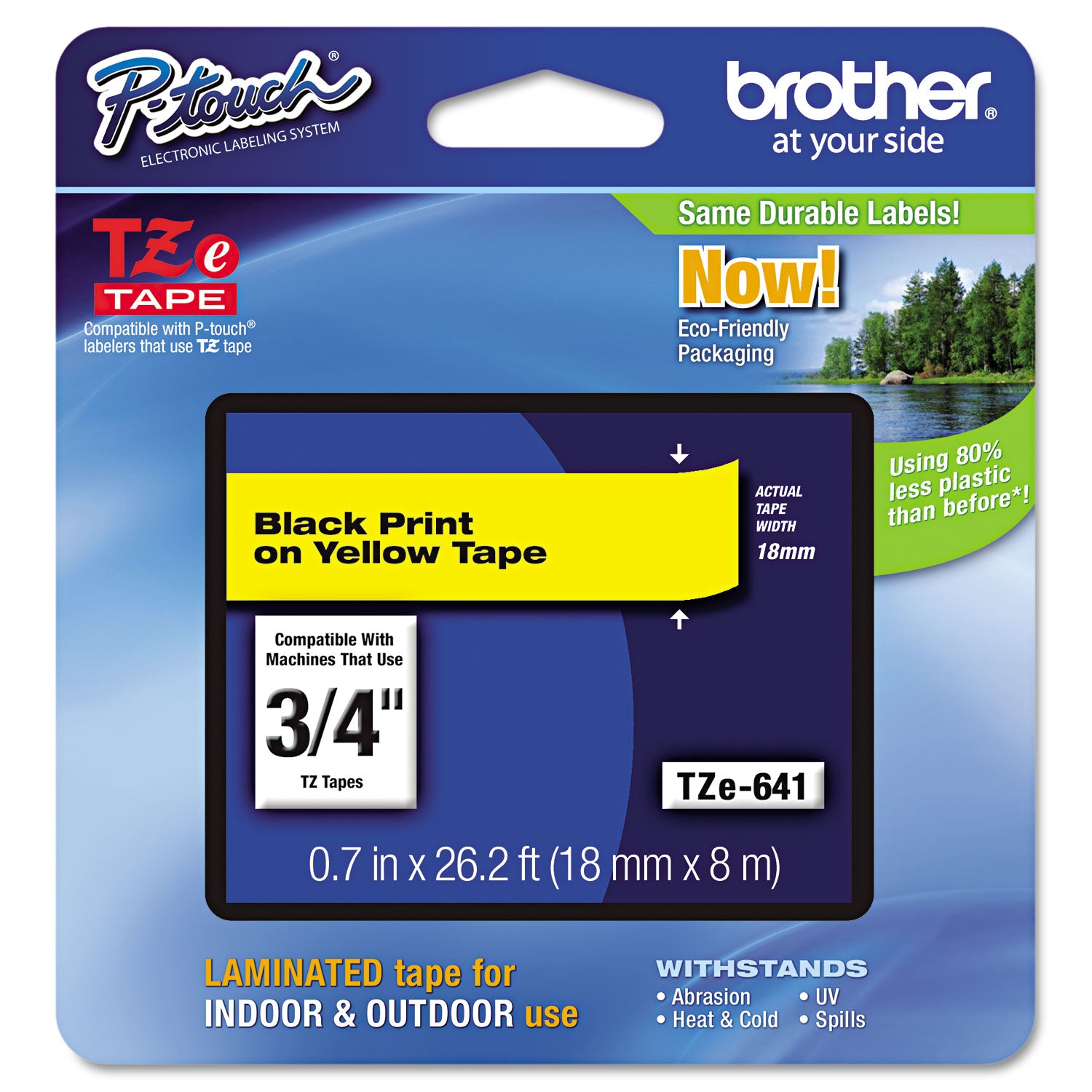 Brother TZe Standard Adhesive Laminated Labeling Tape, 0.7" x 26.2 ft, Black on Yellow (TZE641)