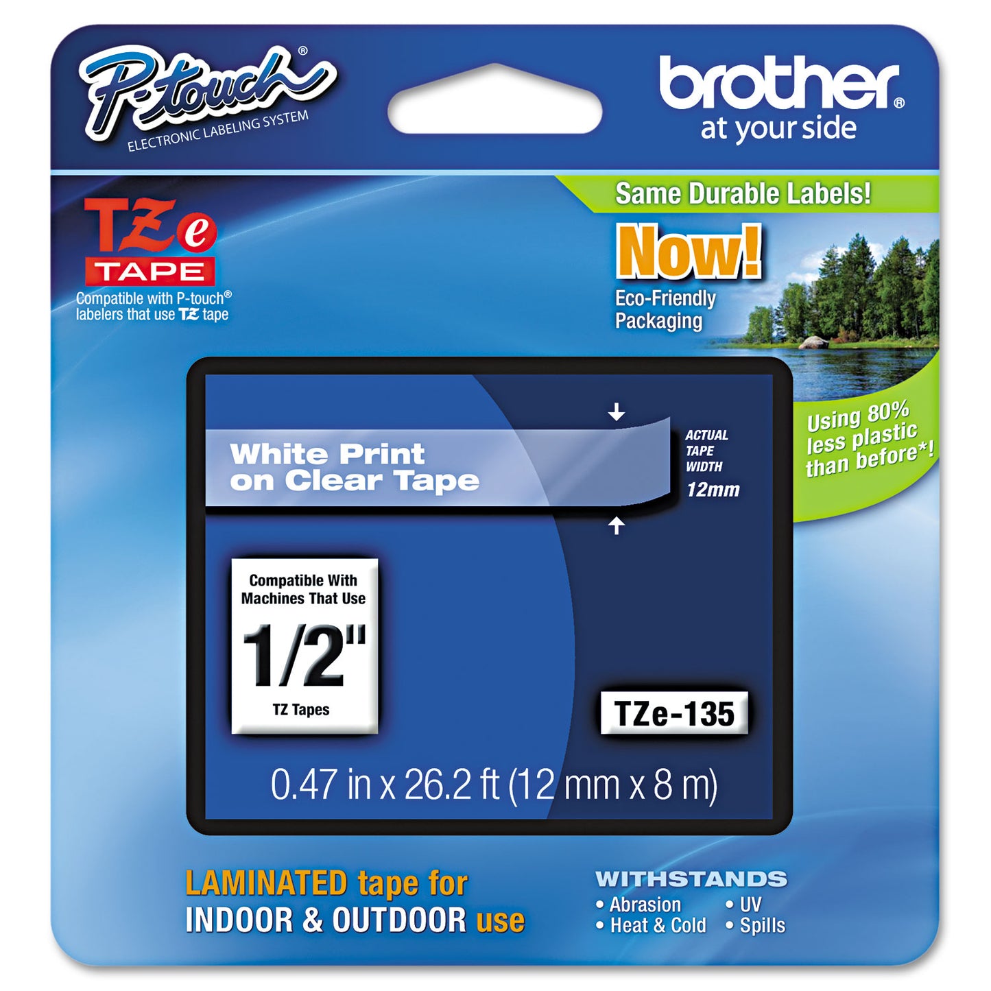 Brother TZe Standard Adhesive Laminated Labeling Tape, 0.47" x 26.2 ft, White on Clear (TZE135)