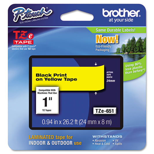 Brother TZe Standard Adhesive Laminated Labeling Tape, 0.94" x 26.2 ft, Black on Yellow (TZE651)