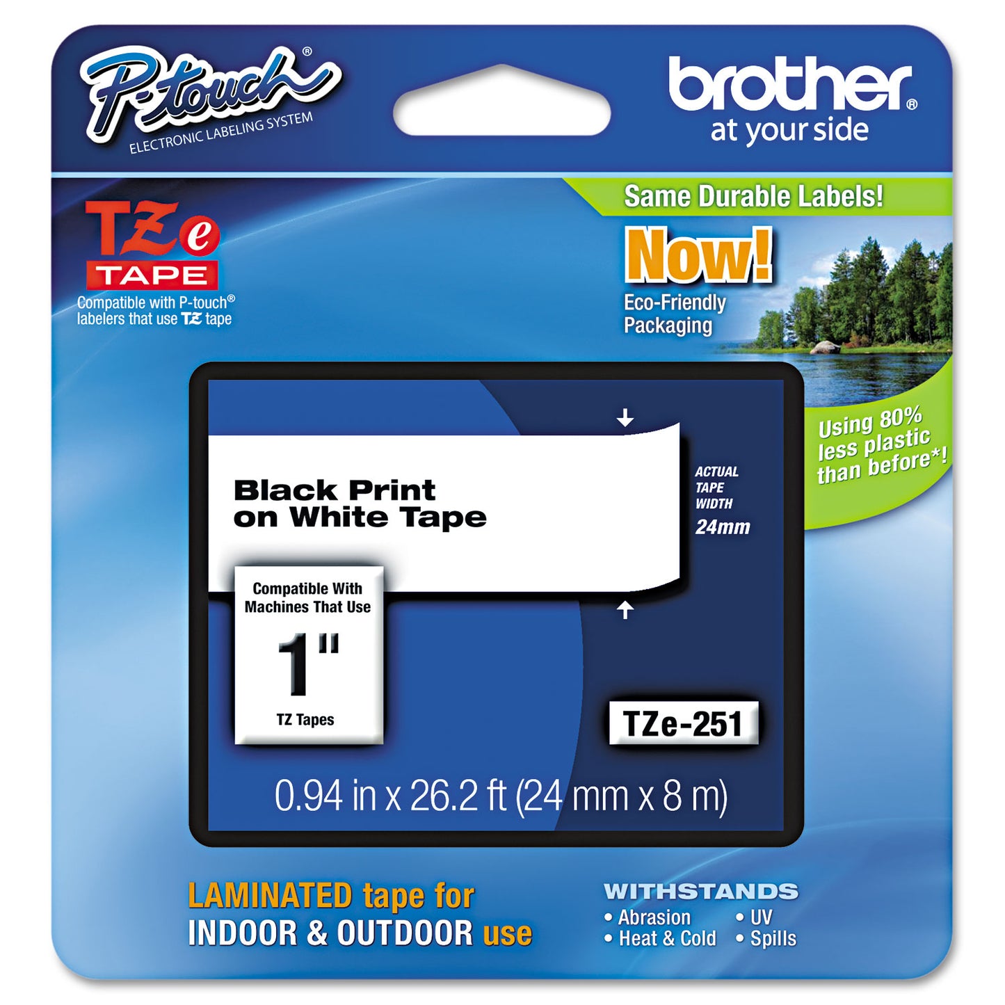 Brother TZe Standard Adhesive Laminated Labeling Tape, 0.94" x 26.2 ft, Black on White (TZE251)