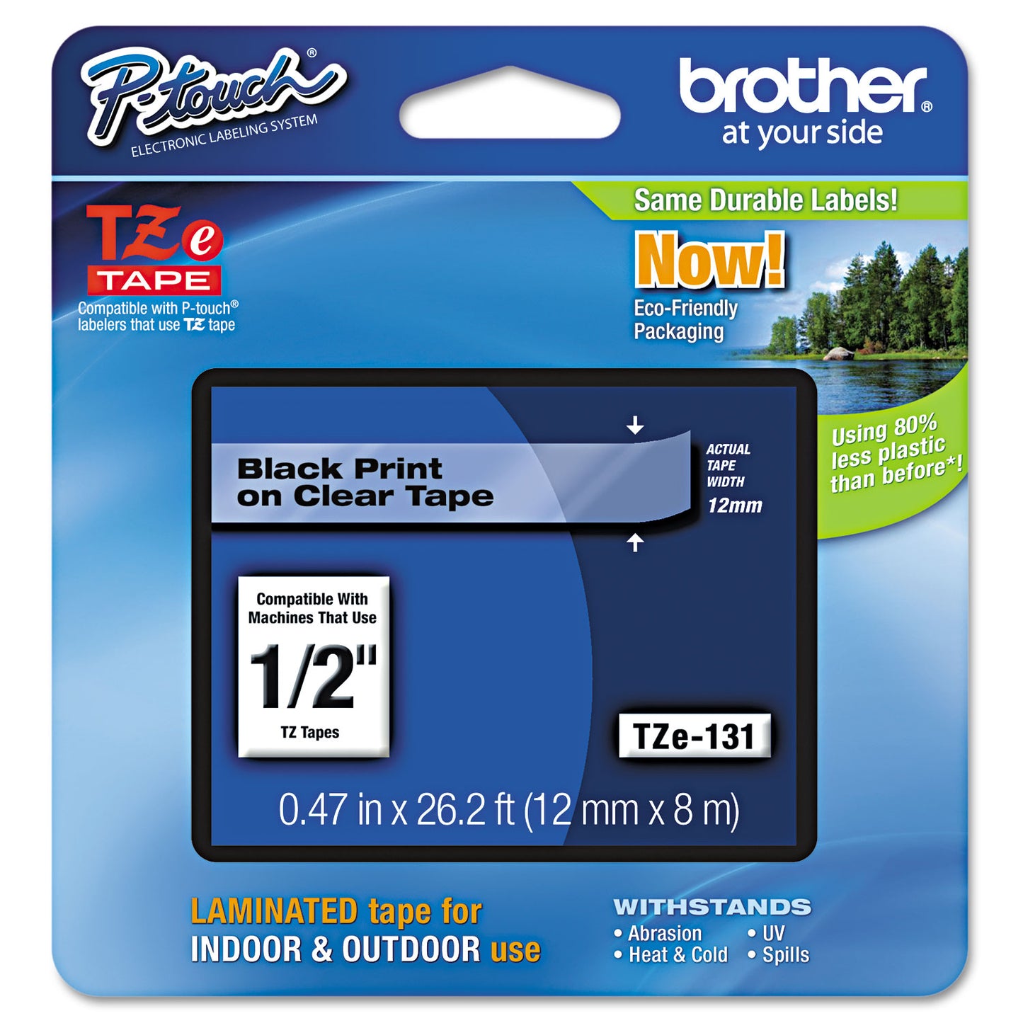 Brother TZe Standard Adhesive Laminated Labeling Tape, 0.47" x 26.2 ft, Black on Clear (TZE131)