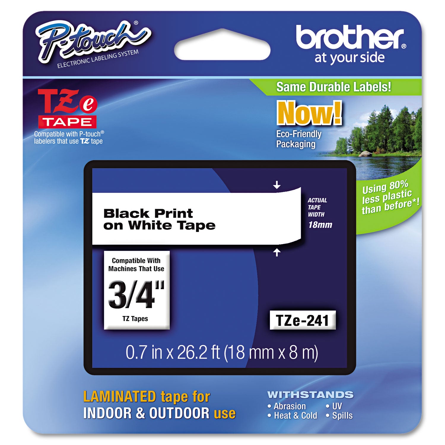 Brother TZe Standard Adhesive Laminated Labeling Tape, 0.7" x 26.2 ft, Black on White (TZE241)