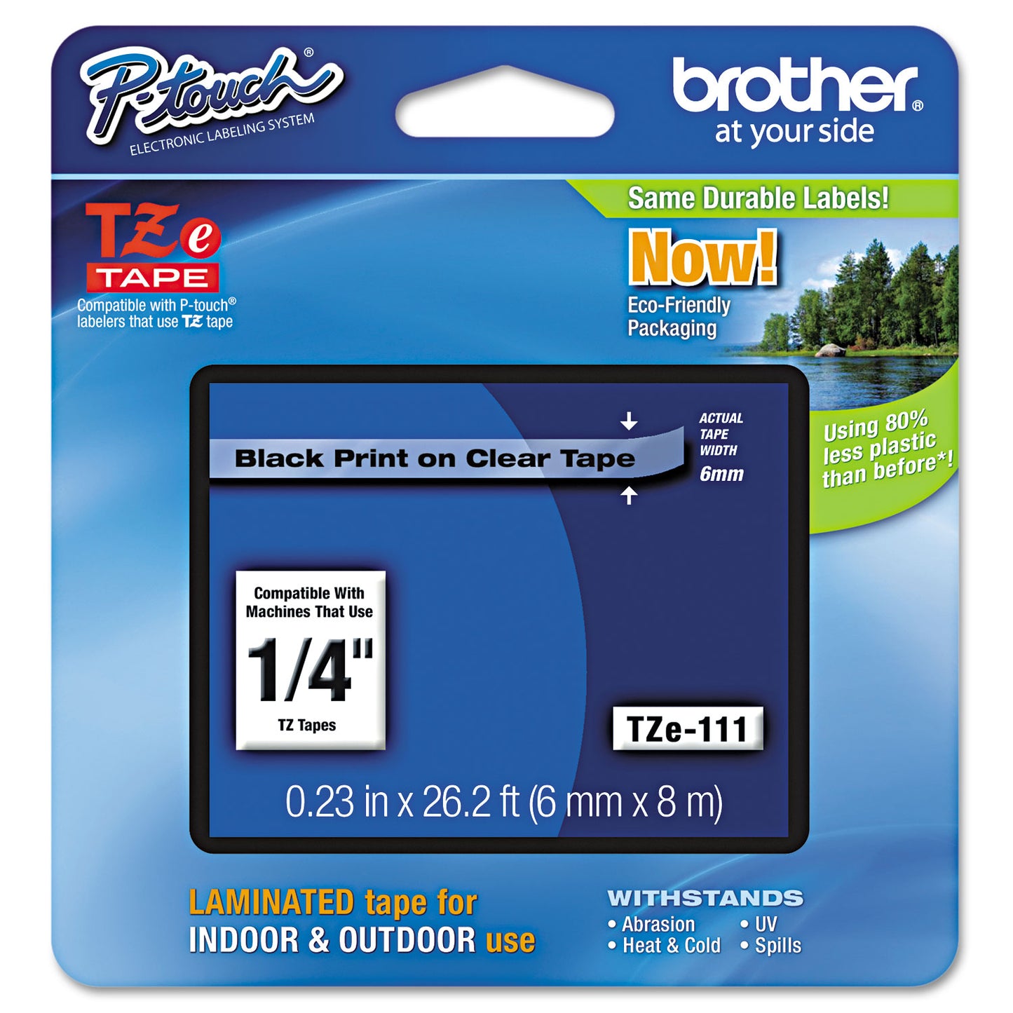 Brother TZe Standard Adhesive Laminated Labeling Tape, 0.23" x 26.2 ft, Black on Clear (TZE111)