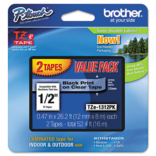 Brother TZe Standard Adhesive Laminated Labeling Tapes, 0.47" x 26.2 ft, Black on Clear, 2/Pack (TZE1312PK)