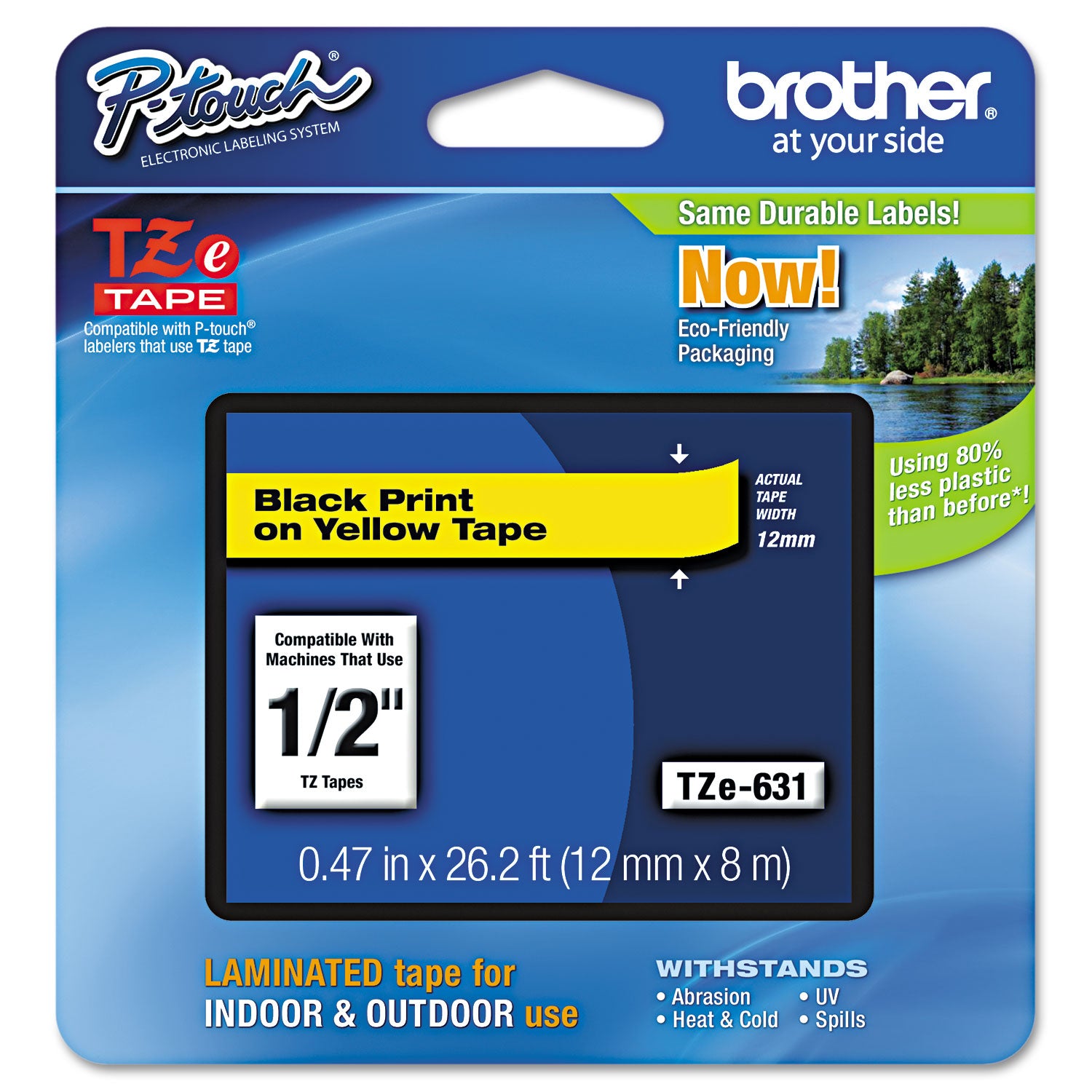 Brother TZe Standard Adhesive Laminated Labeling Tape, 0.47" x 26.2 ft, Black on Yellow (TZE631)