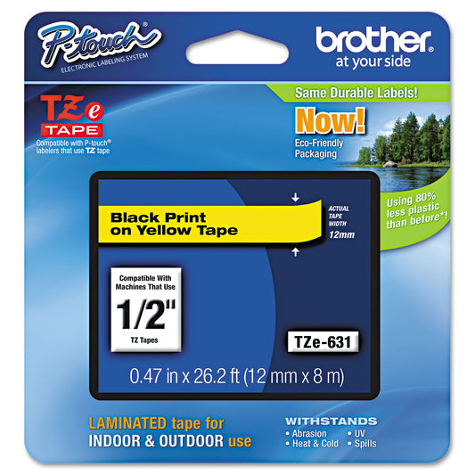 Brother TZe Standard Adhesive Laminated Labeling Tape, 0.47" x 26.2 ft, Black on Yellow (TZE631)